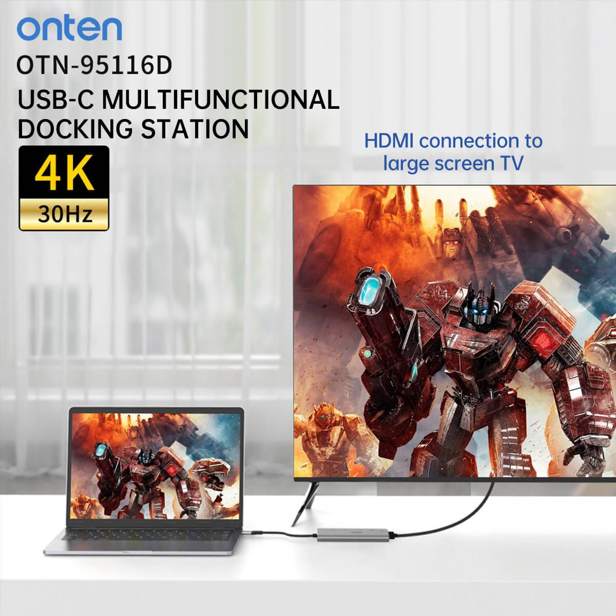 Onten 95116D USB-C docking station enabling HDMI connection to a large screen TV, delivering 4K 30Hz ultra HD display for an immersive experience.